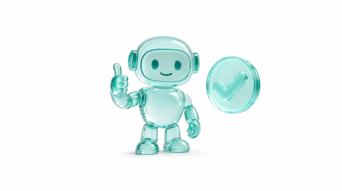 Friendly translucent glass robot assistant giving a thumbs up beside a glass approval badge