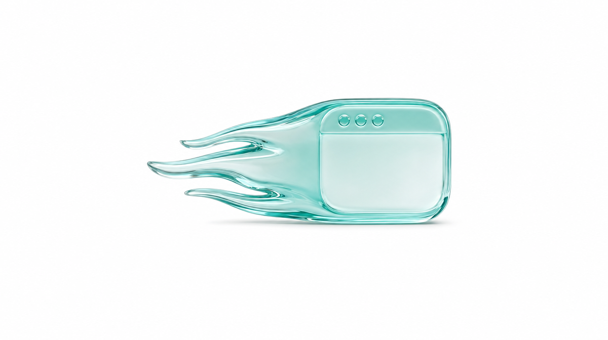Translucent glass comet shaped like a browser window with a flowing tail