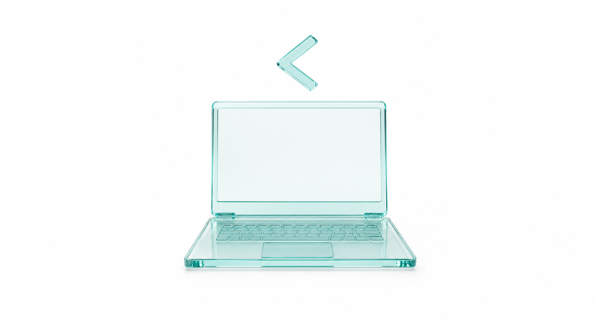 Translucent glass laptop with a glass angle-bracket symbol floating above the screen