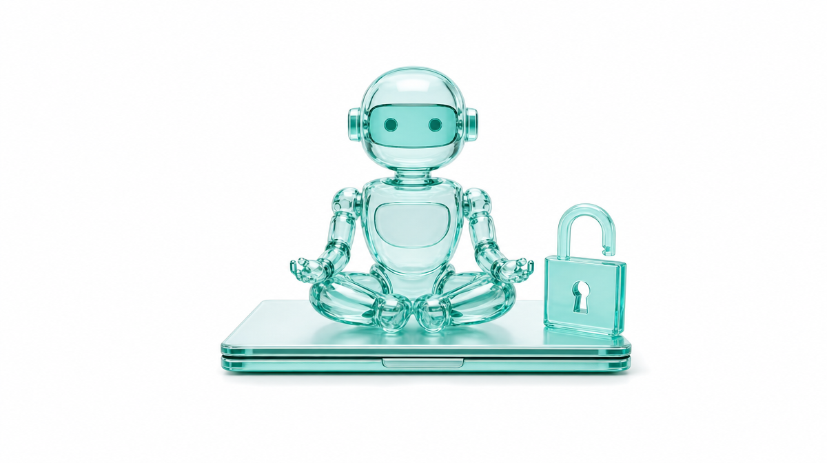 Small translucent glass robot sitting on a glass laptop beside an open glass padlock