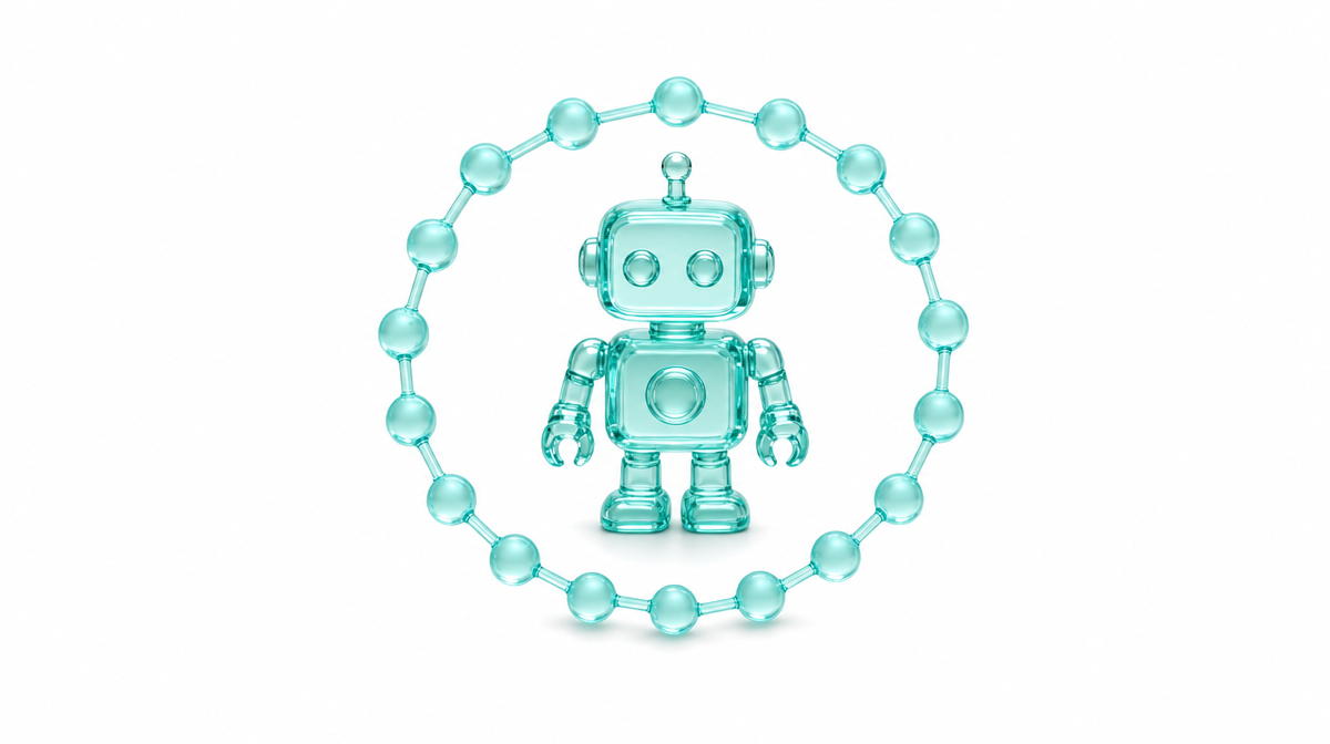 Translucent glass robot encircled by a ring of small glass connector dots