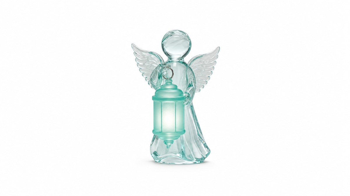 Translucent glass winged messenger figure holding a glowing glass beacon